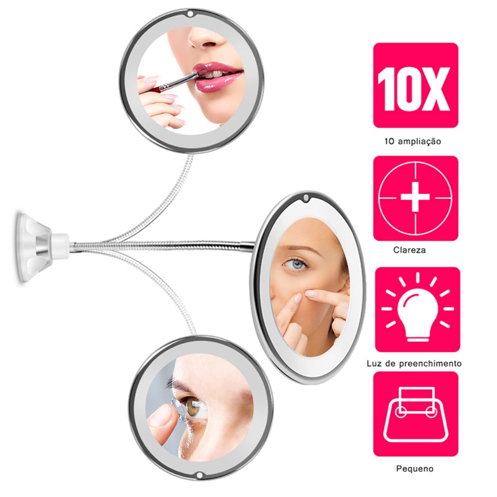 Espejo de ducha LED giratorio de 360° con ventosa, espejo de maquillaje de aumento 10X para afeitado y belleza, ideal para uso en el baño