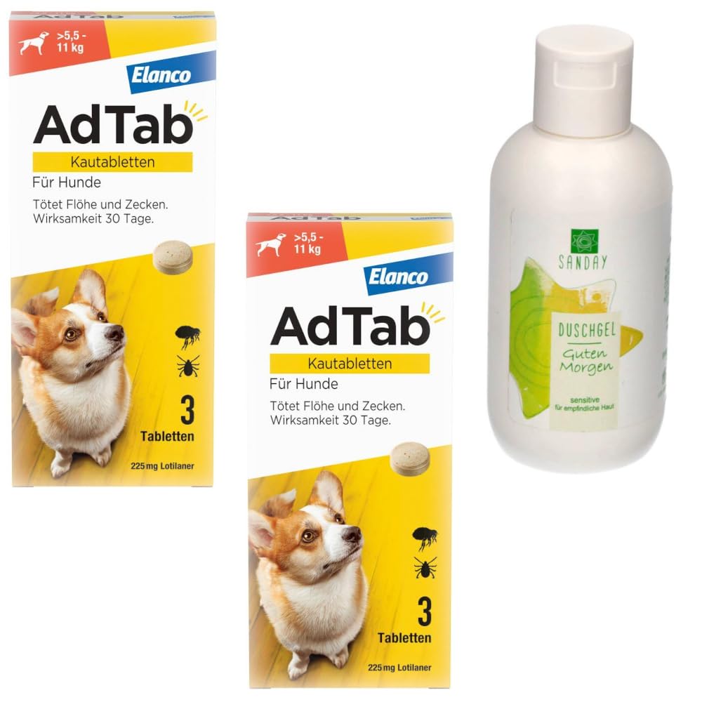 AdTab für Hunde 5,5-11kg Kautabletten Doppelpack inklusive SANDAY DUSCHGEL Guten Morgen 100ml