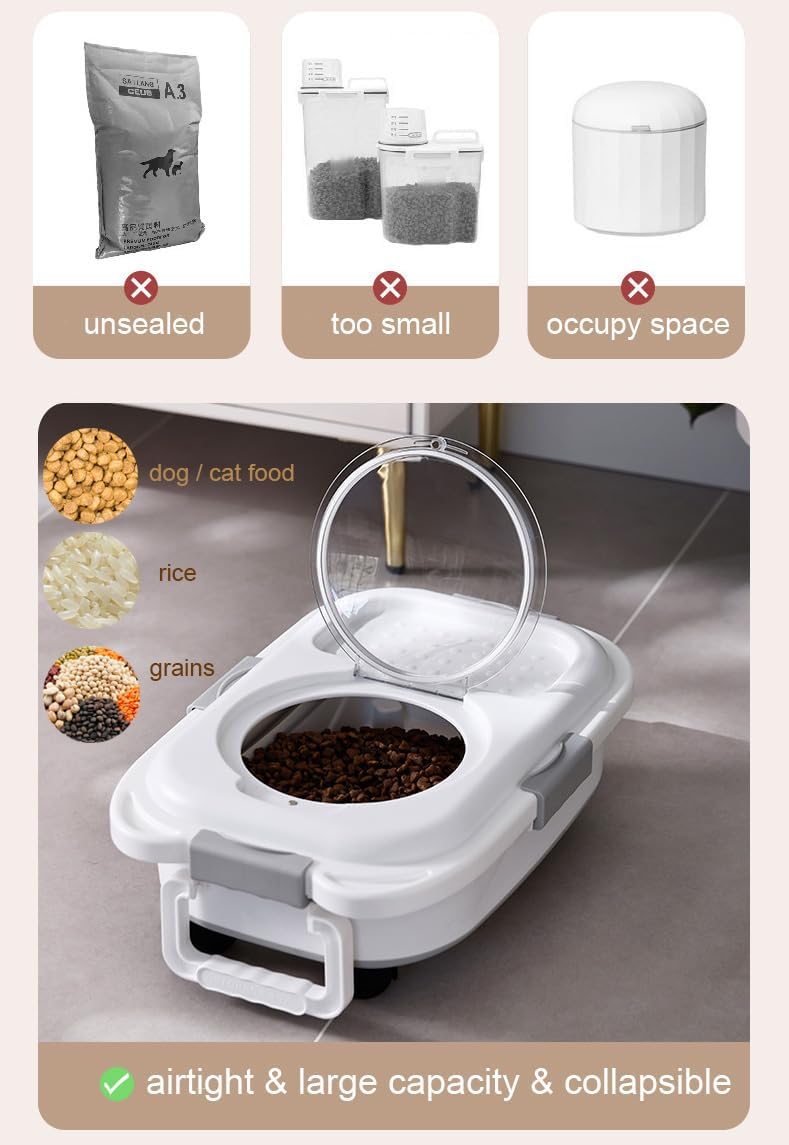Airtight Dog Food Storage Container, Collapsible Pet Food Container with Casters, Scoop and Cup - Keeps Up to 25 Lbs and Large Capacity