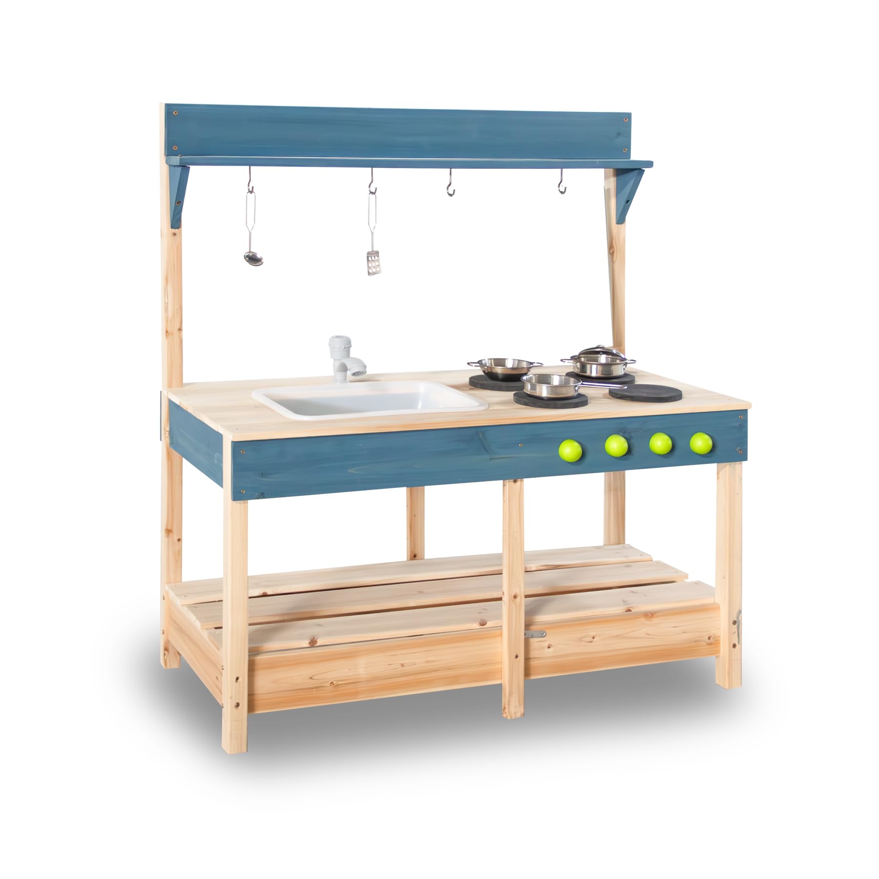 Mud Kitchen Playset for, Outdoor Wooden Toy Play Kitchen Set for Boys and Girls, Kitchen Accessories and Garden Sink with Faucet, Blackboard (Blue3)
