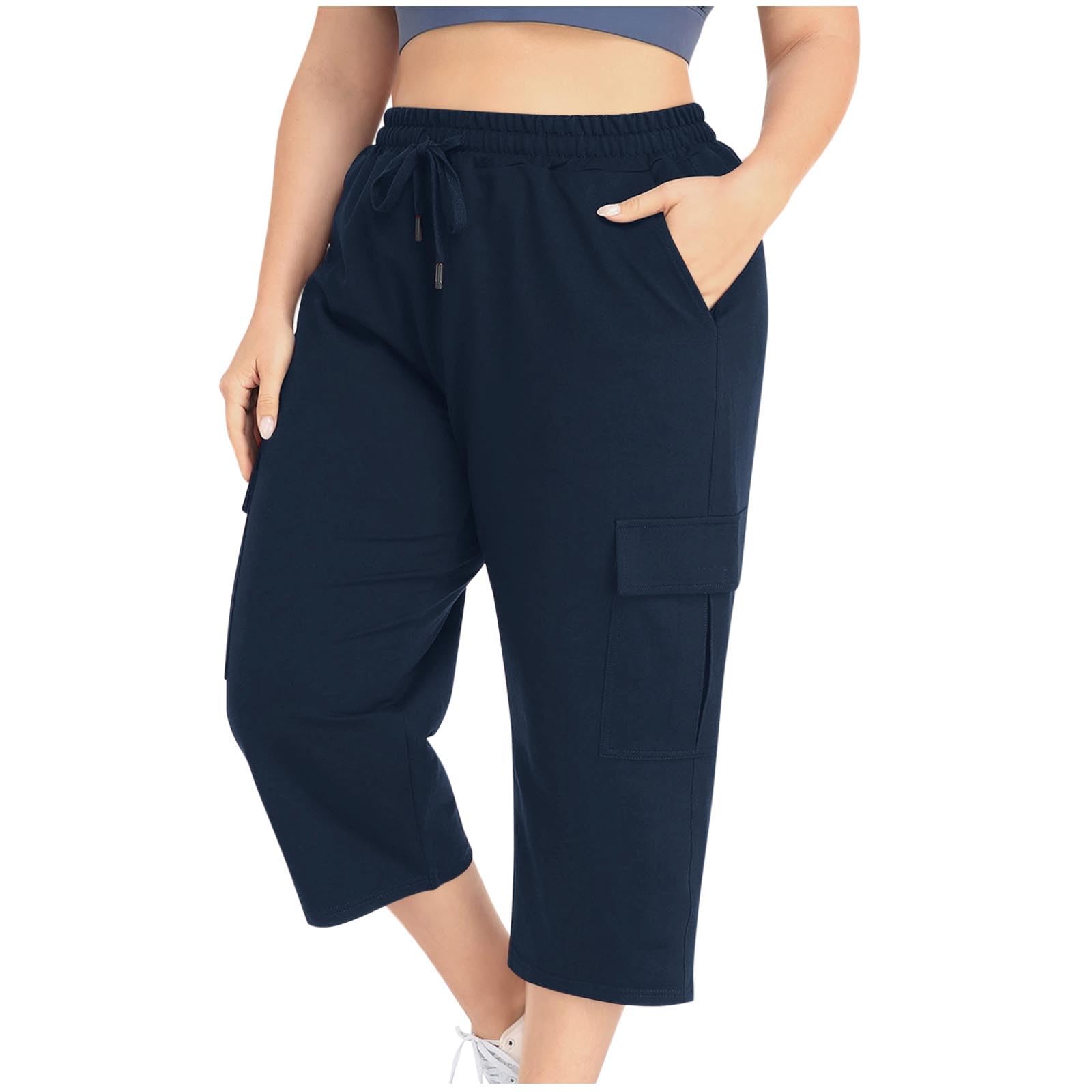Women Plus Size Capris High Waisted Elastic Cargo Athletic Pants Dressy Casual Summer Travel Long Shorts