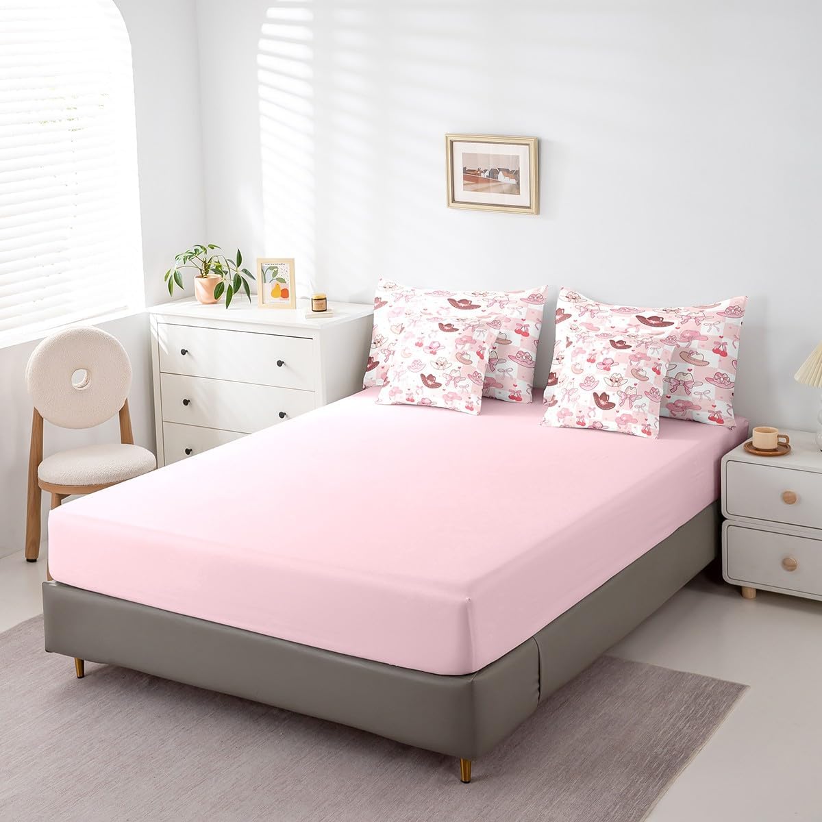 Manfei Cowgirl Hats Bed Set in a Bag 7 Pcs,Pink Bowknots Sweet Cherry Starry Bedding Set,Princess Style Pink White Plaids Patchwork Comforter with Fitted,Flat Sheet,Pillowcase,Pillow Covers,Twin