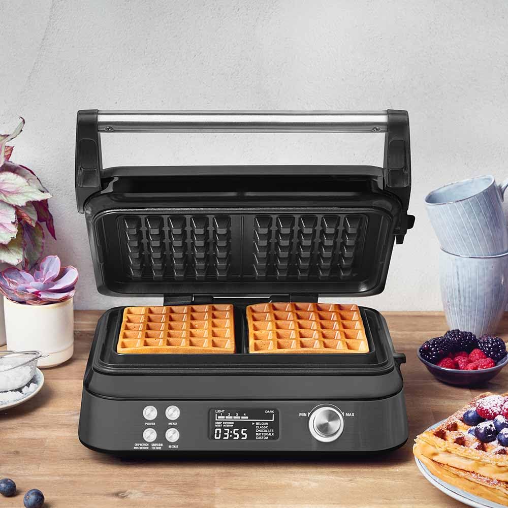 Gofrera belga con 7 niveles de tostado, 1600 W | Pantalla LCD, antiadherente, para gofres gruesos, revestimiento cerámico, altura ajustable, color negro