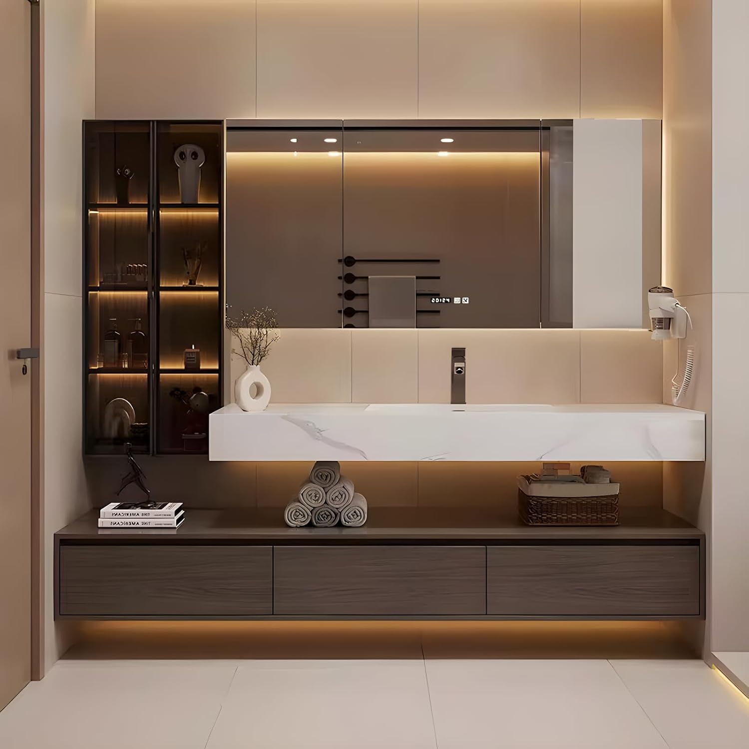 Bathroom Vanity, Floating Bathroom Sink Vanity, Modern Bathroom Vanities with Smart Defogging LED Mirror & Glass Side Cabinet, Wall Mounted Vanities for Restroom, Solid Wood (72in)