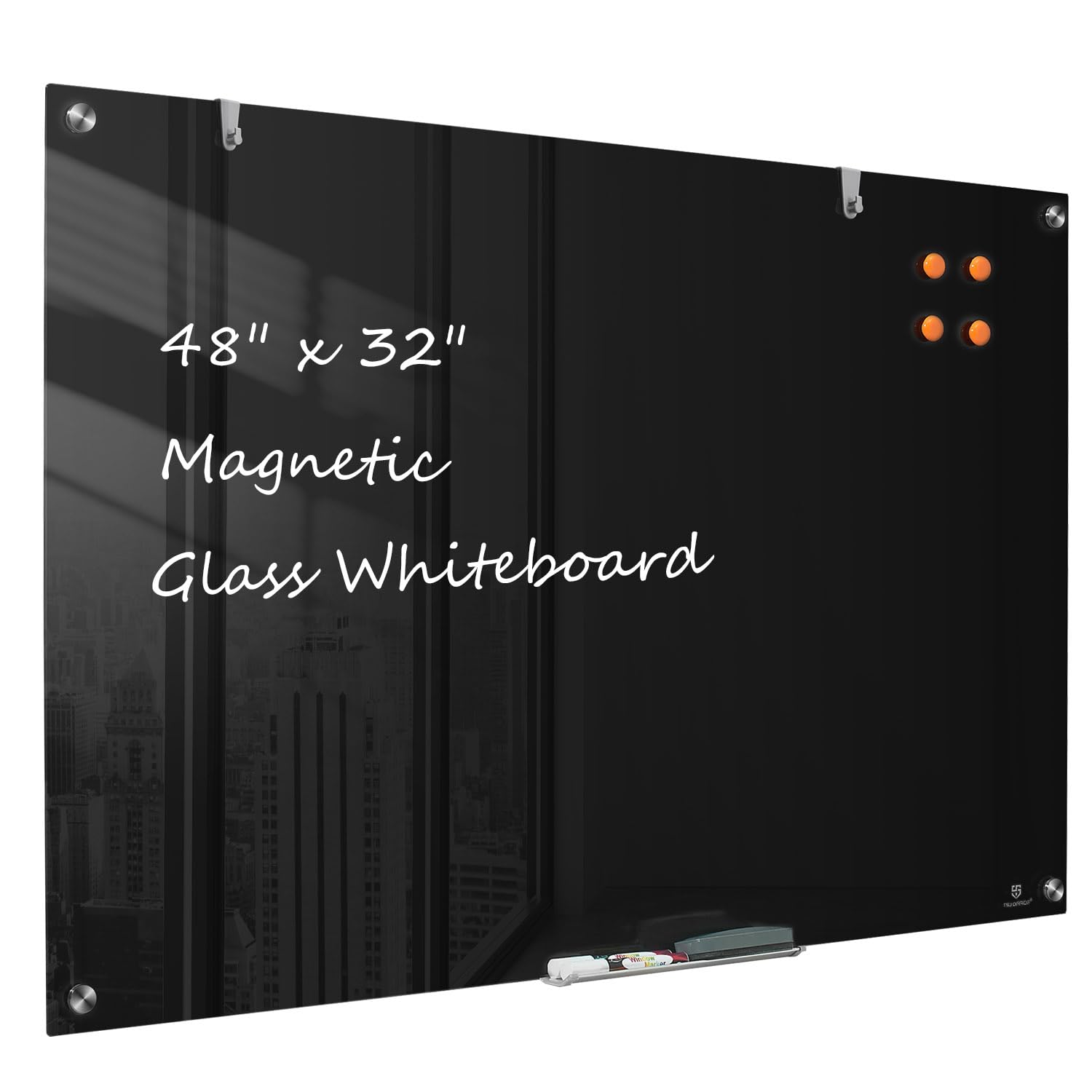 TSJ OFFICE Glass Dry-Erase Board - 48 x 32 Inches Wall Mounted Black Glass Magnetic Whiteboard, Large Frameless White Board for Office, Home & School