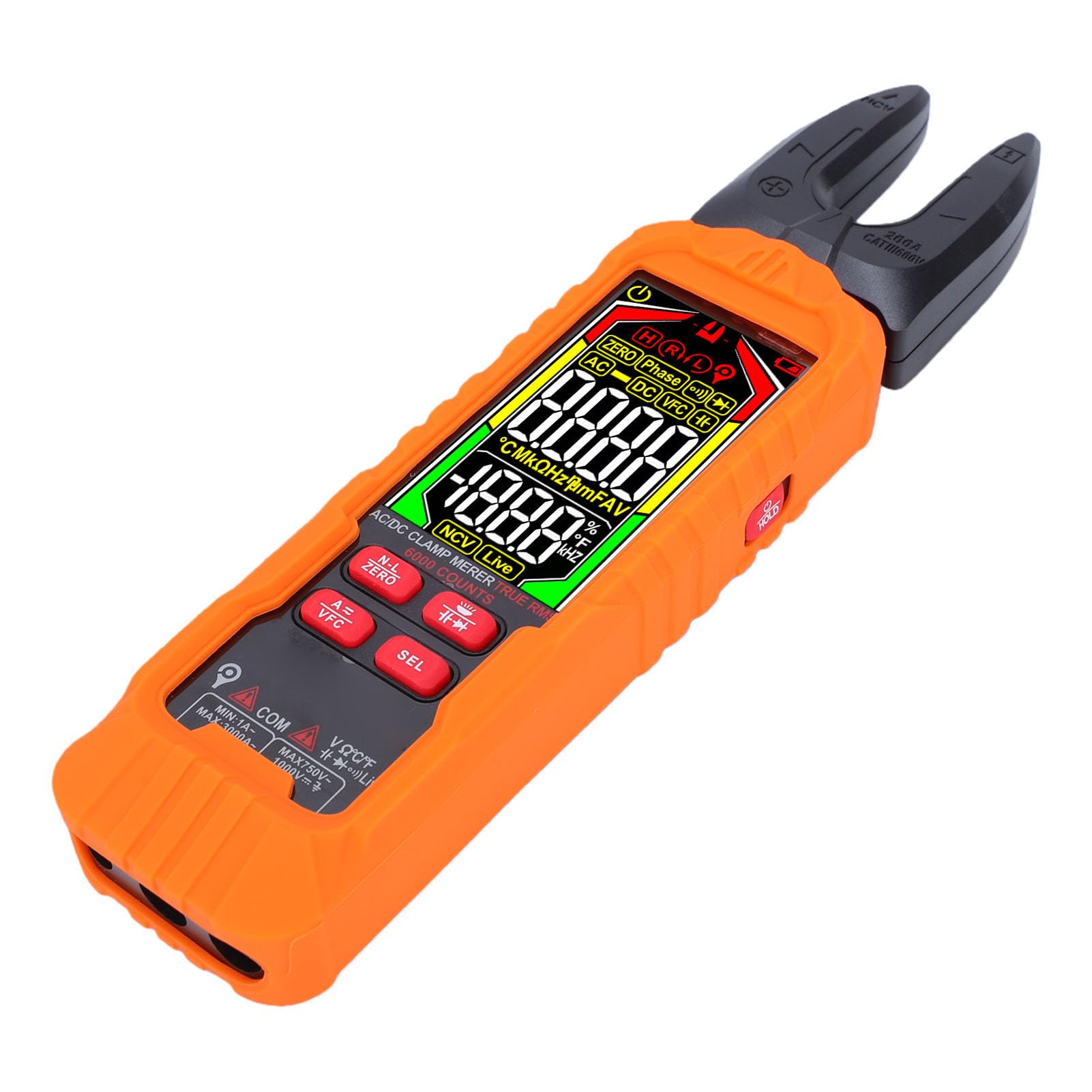 Eujgoov Pinza Amperometrica Digitale Intelligente 6000 Conteggi Vero RMS AC DC Gamma Automatica con Tester di Tensione Senza Contatto NCV Torcia a Ganascia Ruotabile a 90° Mantenimento