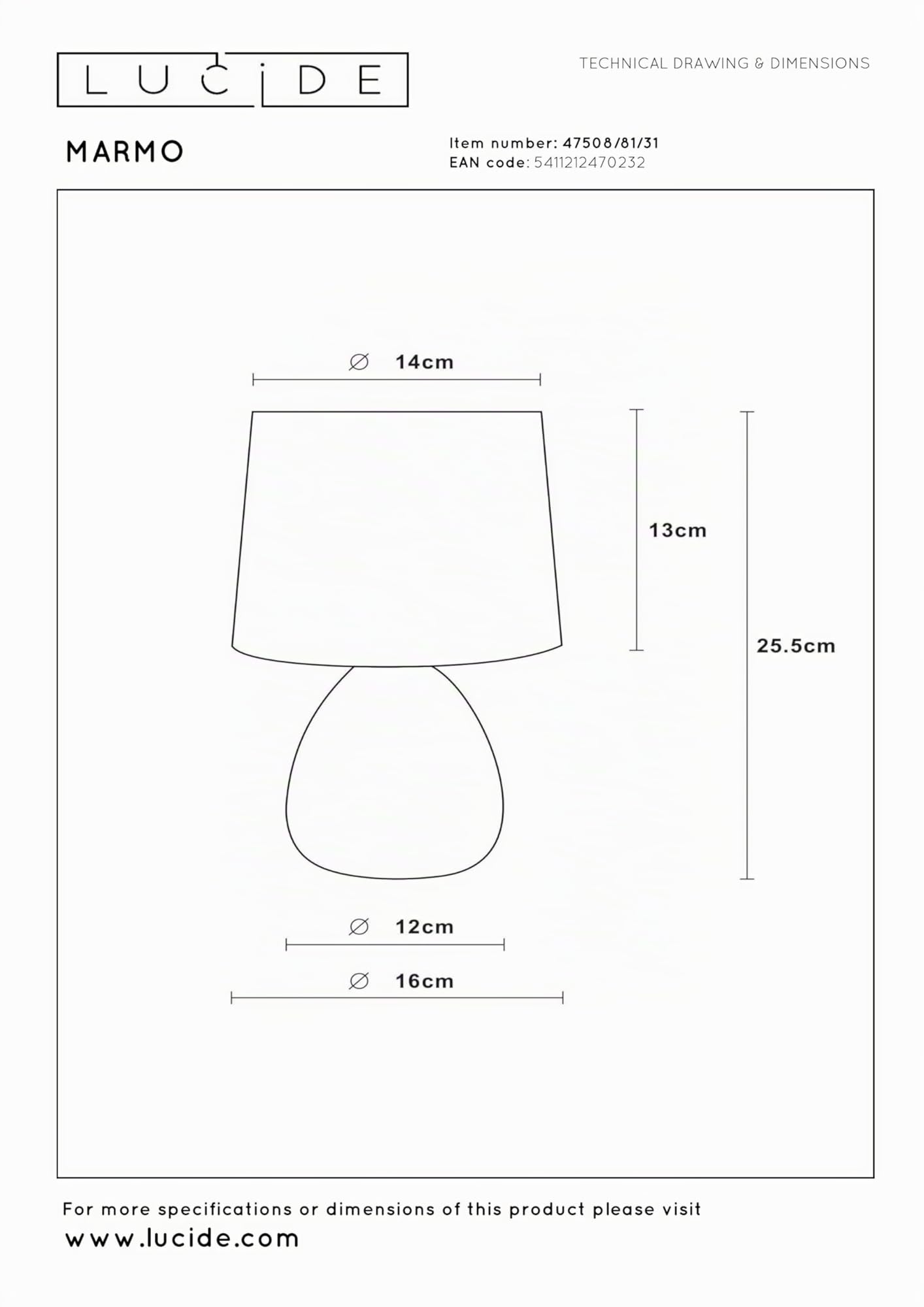 LUCIDE MARMO - Lámpara de mesa - Ø 16 cm - 1xE14 - Blanco