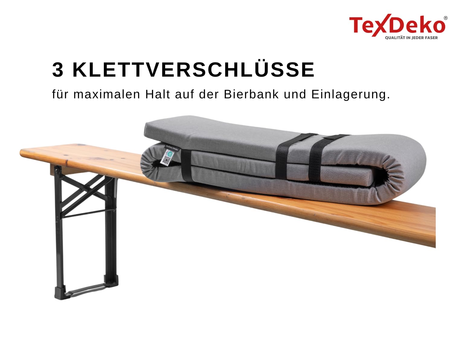 TexDeko® Ecolen Bierbankauflage gepolstert 220x25x4 cm XL für Bierzeltgarnitur mit Anti-Rutsch Boden, wasserabweisend & UV-Schutz, Waschbarer Bezug mit Reißverschluss (Grau)