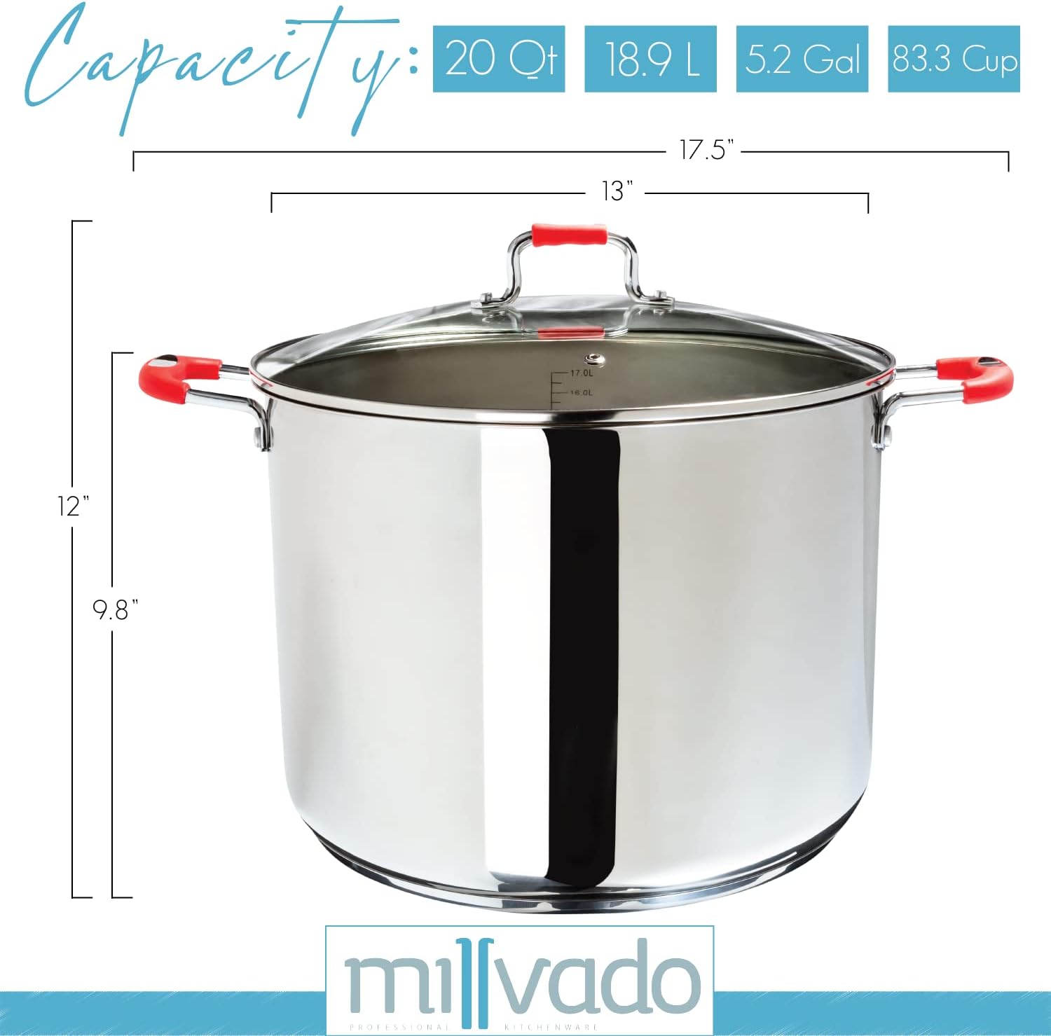 Stock Pot, Large Stainless Steel 20 Quart StockPot, Large Cooking Pot, Clear Glass Lid and Measurement Markings, Steam Hole, Induction, Gas, Electric Compatible Big Boiling Pot