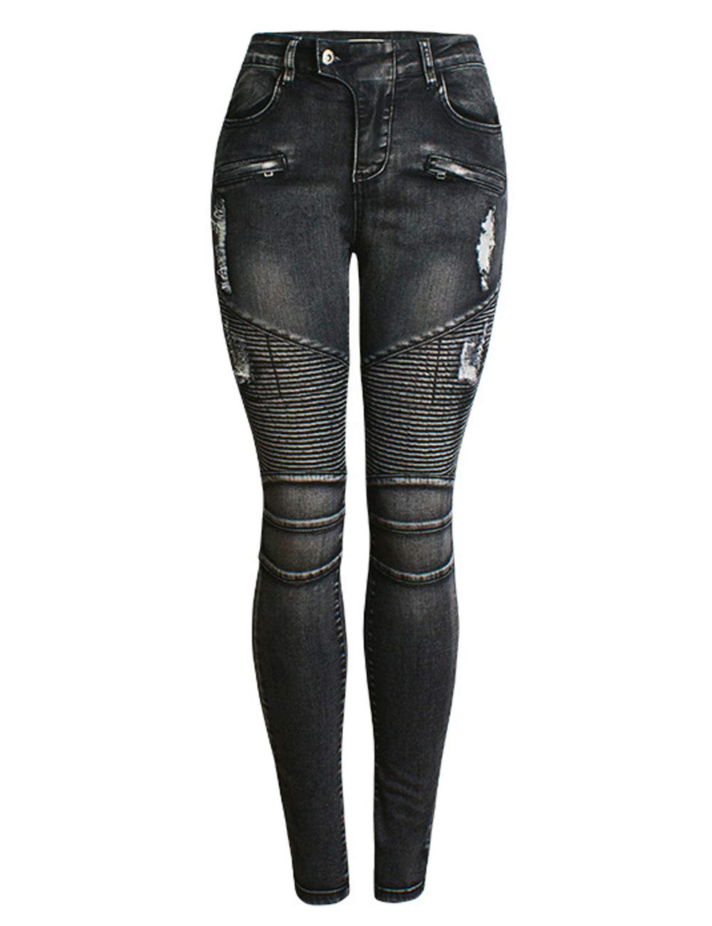 Zenthace Women's Black Ripped Moto Biker Skinny Jeans Stretch Riding Jean - 2