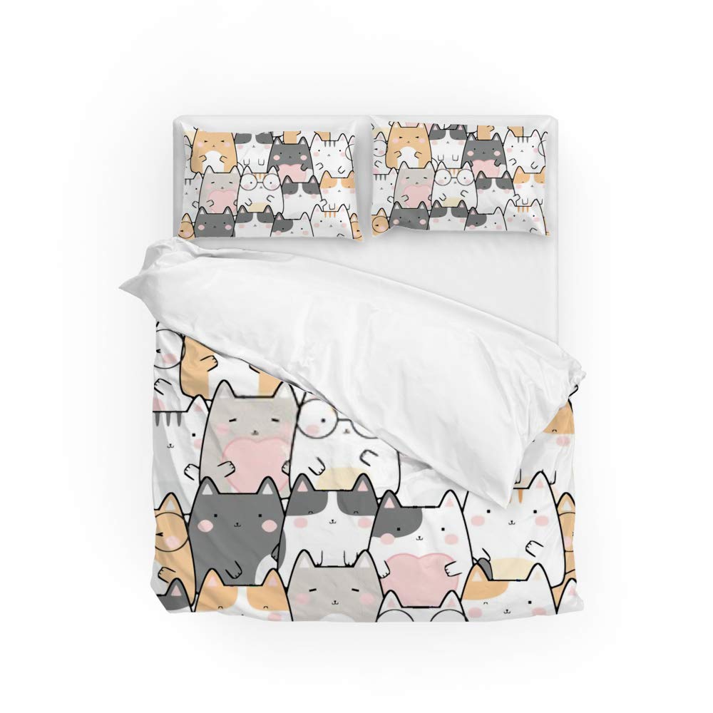 Parure de lit chat avec housse de couette et taies d'oreiller 3 pièces en polyester