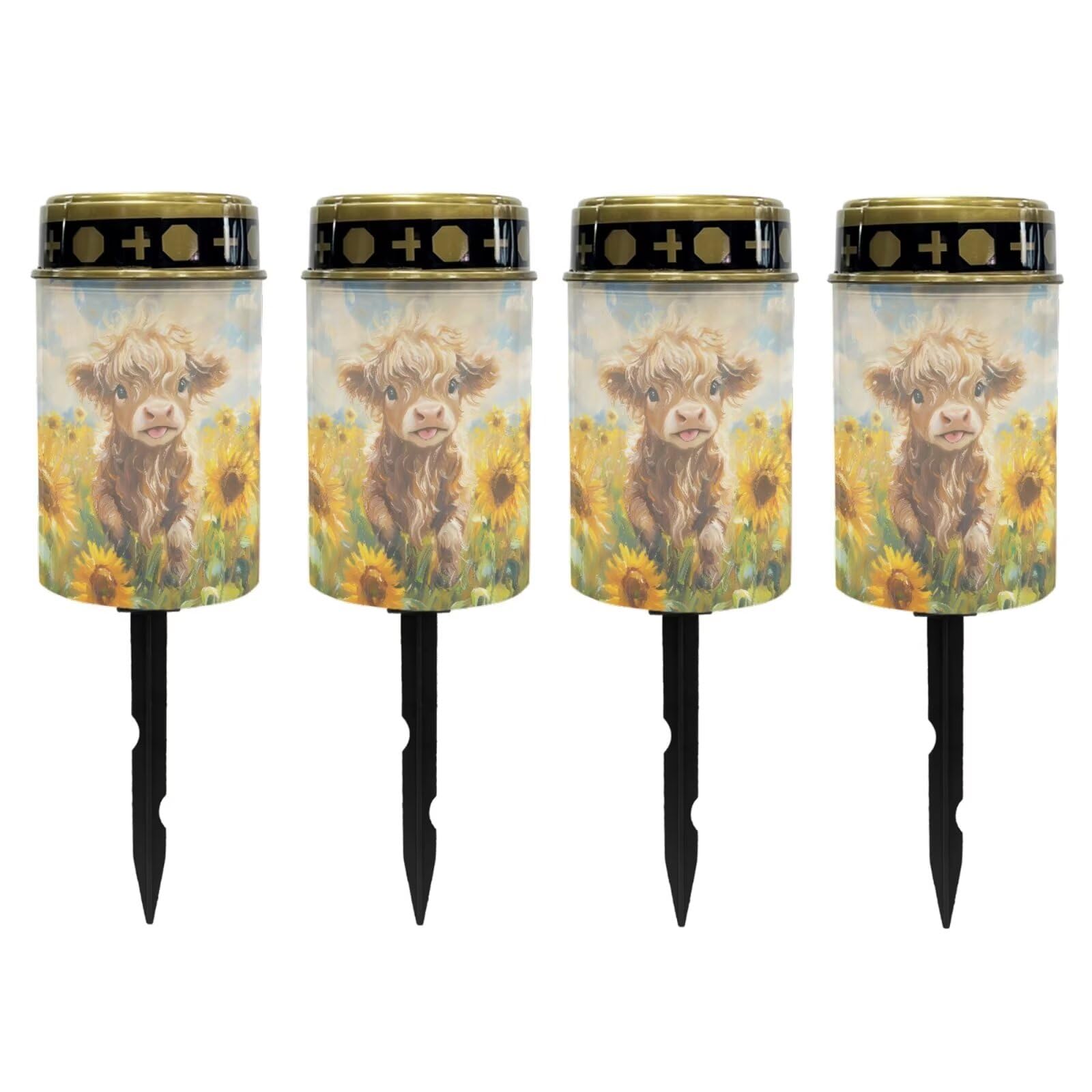 Poceacles Solar Lights Pack of 4 Solar Outdoor Lights Outdoor Waterproof Stake Solar Lights Votive Candles Grave Solar Candles for Memorial Day Pathway Decorations, Cute Cow Sunflower
