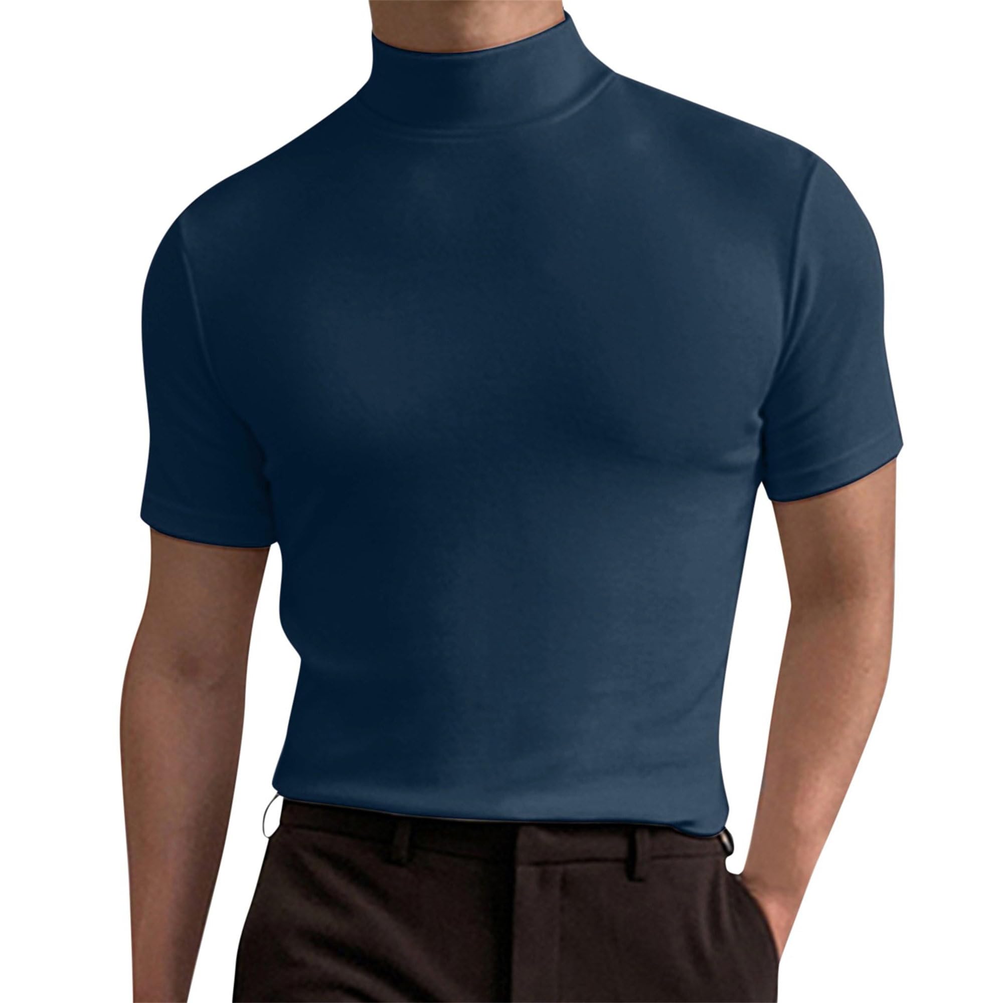 Men's Basic Causal Solid Tee Tops Soft Slim Fit T-Shirts Basic Undershirt Pullover Men Mock Neck T Shirts (Blue 2,Medium)