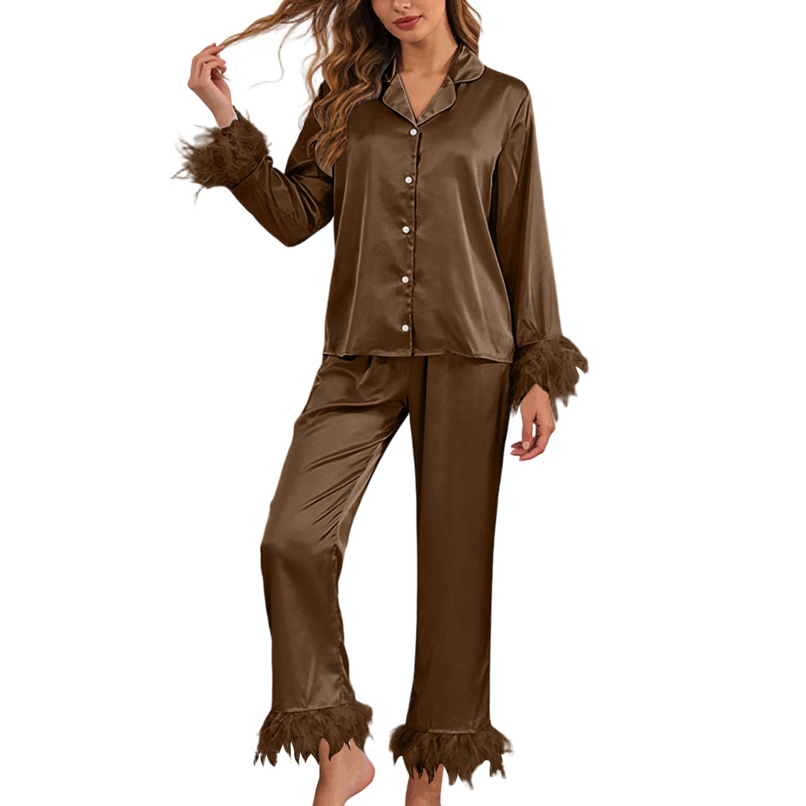 Pigiama Donna Lungo Cotone - Top Lunghi da Donna Set Lungo da 2 Pezzi con Maniche Pantaloni da Notte Completi da Donna Set