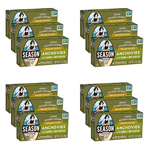 Season Anchovies in Olive Oil Flat Rolled Anchovy Fillets with Capers