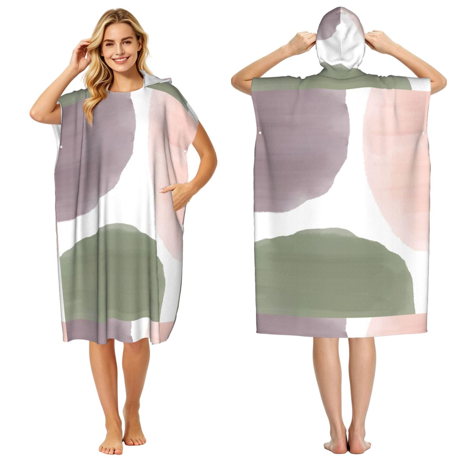 Poadnly Rose Grape & Sage Modern Watercolor Circles, Adult Hooded Beach Towel 90 x 110 cm,Changing Bath Robe, Surf Poncho Towel For Women Men