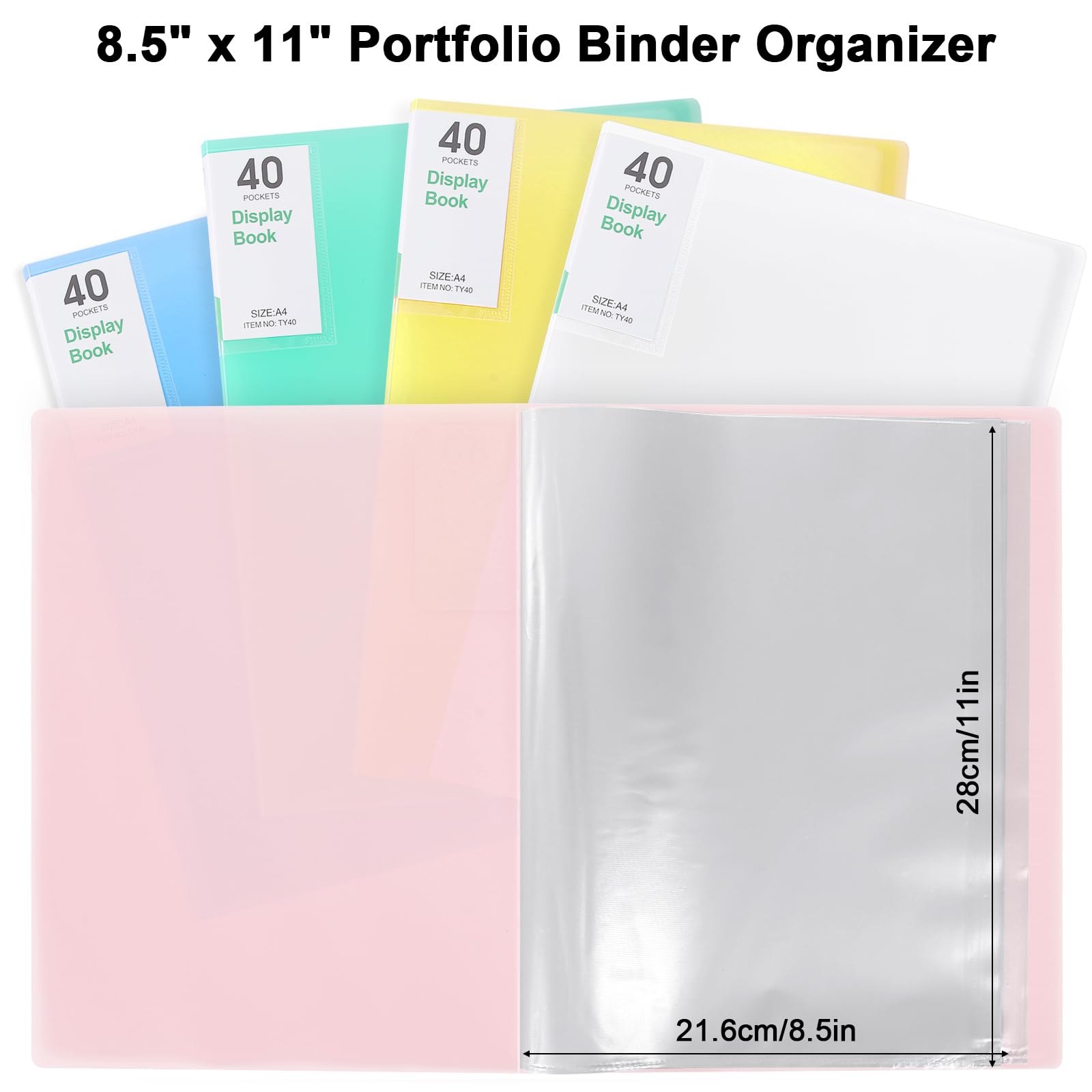 Phyxin Carpeta de plástico para presentaciones, 20 bolsillos, fundas transparentes, organizador de documentos para hojas de música, obras de arte, dibujo para escuela, oficina, negocios, color rosa