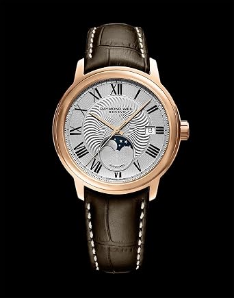 Raymond Weil Maestro Men's Automatic Watch, Moon Phase, Silver Dial, Roman Numerals, Stainless Steel with Rose Gold PVD Plating, Brown Leather Strap, 39.5 mm (Model: 2239-PC5-00659)