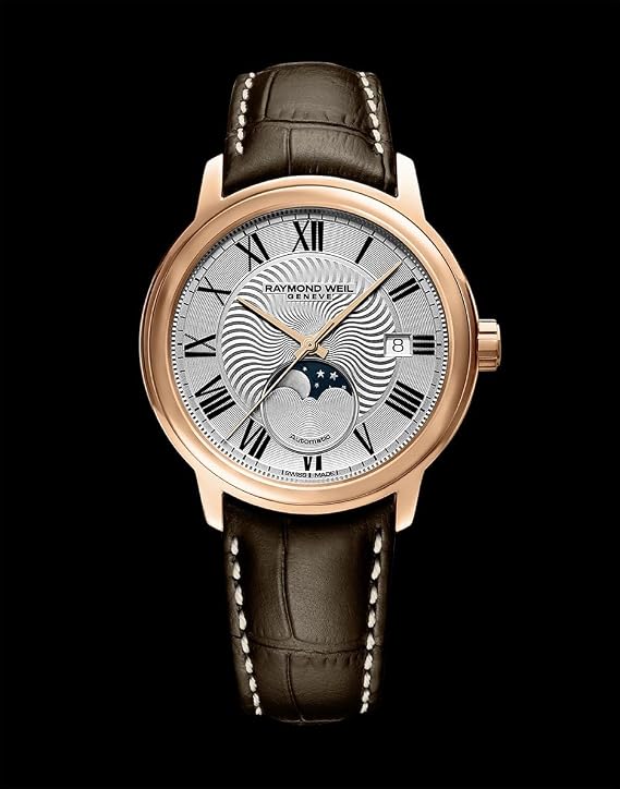 Raymond Weil Maestro Men's Automatic Watch, Moon Phase, Silver Dial, Roman Numerals, Stainless Steel with Rose Gold PVD Plating, Brown Leather Strap, 39.5 mm (Model: 2239-PC5-00659)