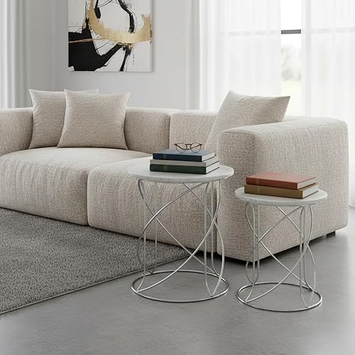 Miniatura 9 de Modern Day Accents 3854 Giro - Mesas anidadas de mármol blanco, juego de 2, mesa auxiliar pequeña, mesa auxiliar para sala de estar, mesa redonda,