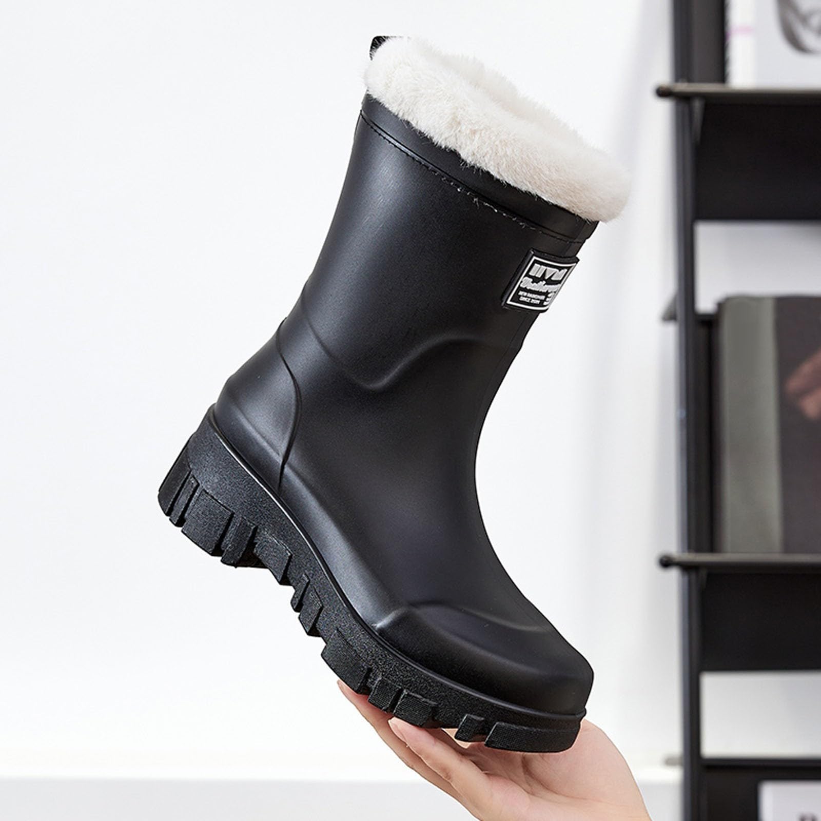 Bottes de Pluie, Bottine Femme Bottes Caoutchouc Fourrées Femme Bottines Talon Carré Mi-Mollet pour Chaussures Pieds Larges