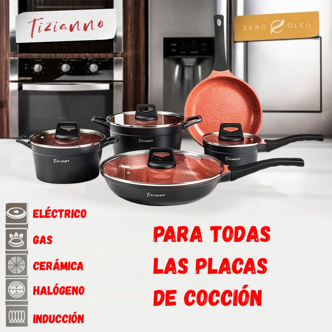 Tizianno Juego 12 Piezas Sartenes Ollas Antiadherentes Inducción Premium, Batería Cocina Saludable Aluminio 6 Capas sin PFOA, Revestimiento Granito Vitrocerámica Gas