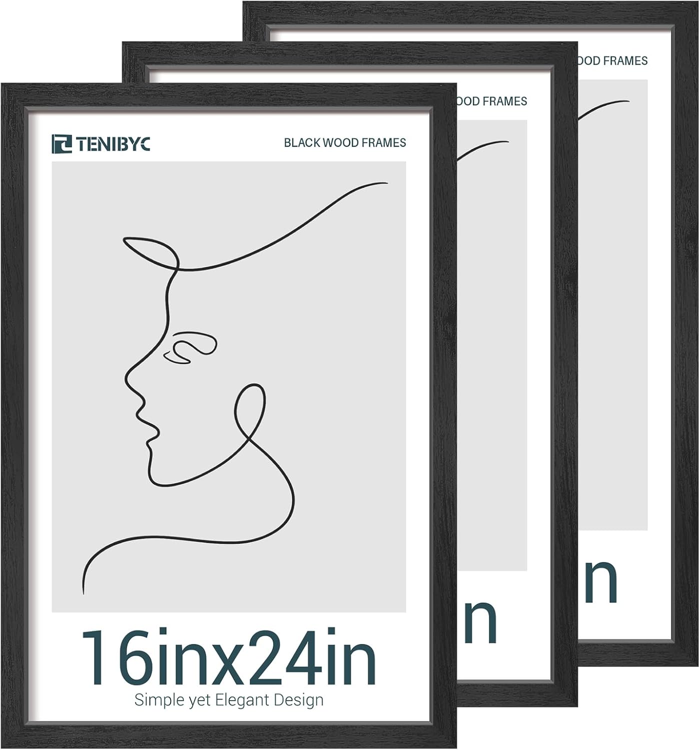 16x24 Poster Frames Set - 3 Pack - Black Solid Wood Picture Frame - Exclusive Woodgrain - Rooms, Offices, Gallery, Studio, and Hallway, Wall Display Decor Black 16 x 24