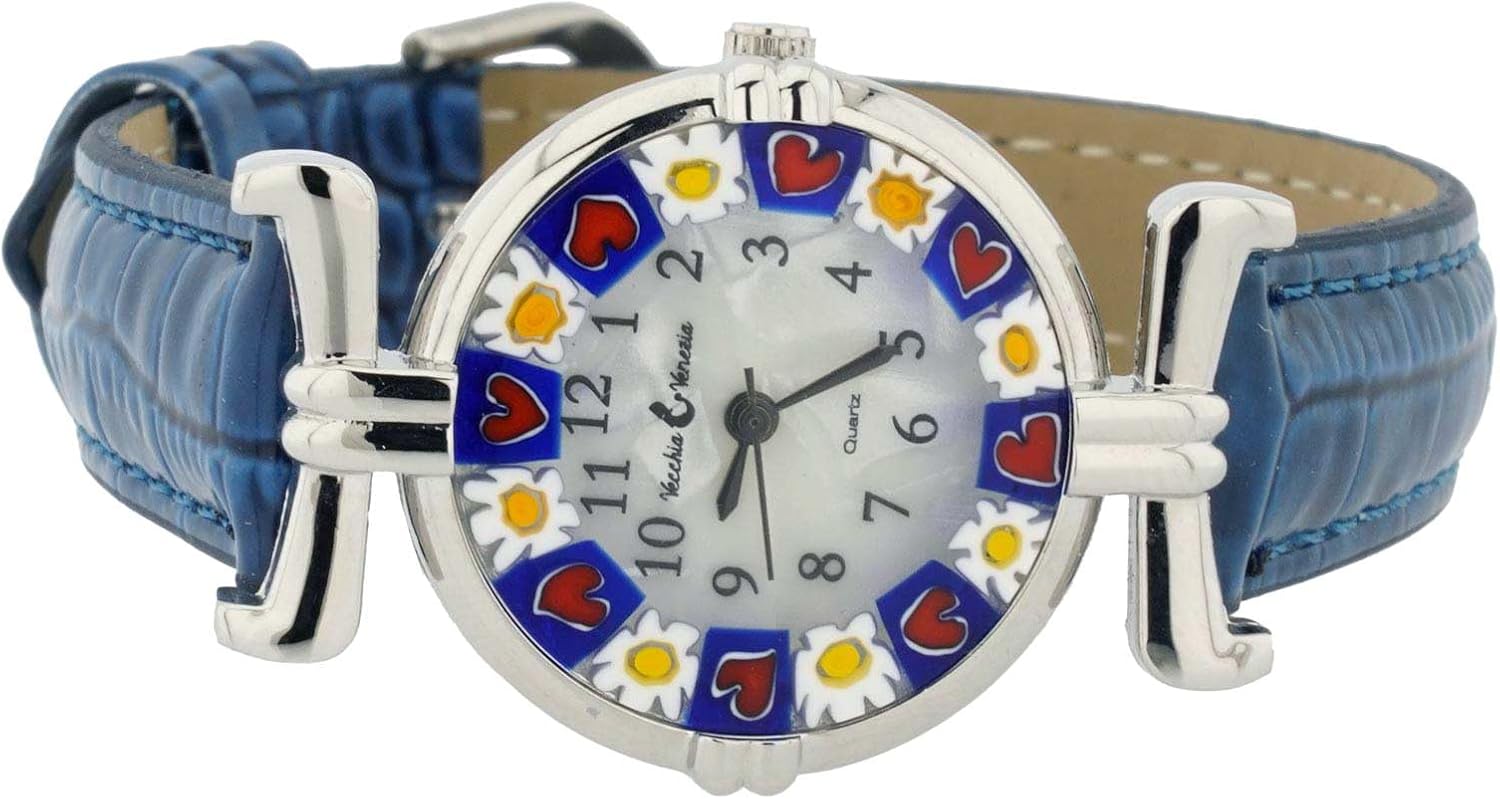 Glass Of Venice Murano Glass Millefiori Watch with Leather Band - Blue