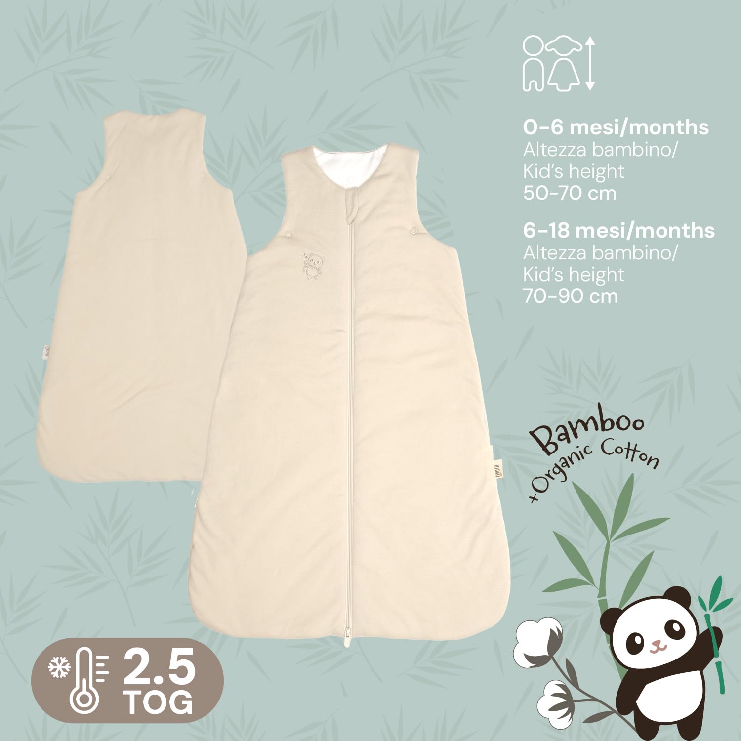 PERLETTI Sacco Nanna Tog 2.5 Invernale in Bamboo e Cotone Organico Neonato - Senza Maniche per Bambino Bambina 0-6 e 6-18 Mesi - Sleeping Bag con Cerniera Caldo Morbido Confortevole