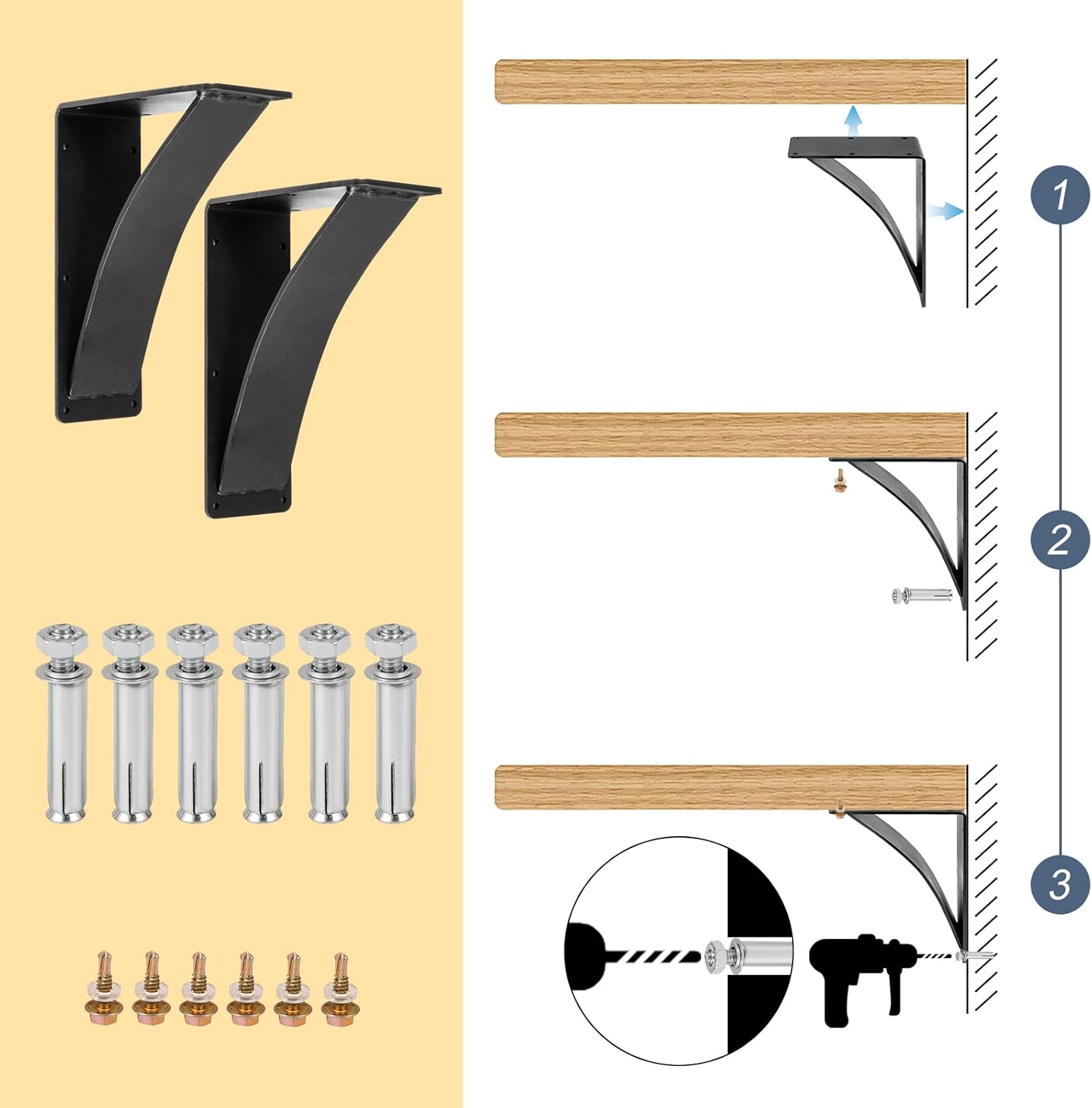 2Pcs Heavy Duty Shelf Brackets 10 x 12 x 2.5, Steel Brackets 450lbs Load Capacity, Triangle Support Mantel Brackets , DIY Metal Shelf Brackets Matte Black