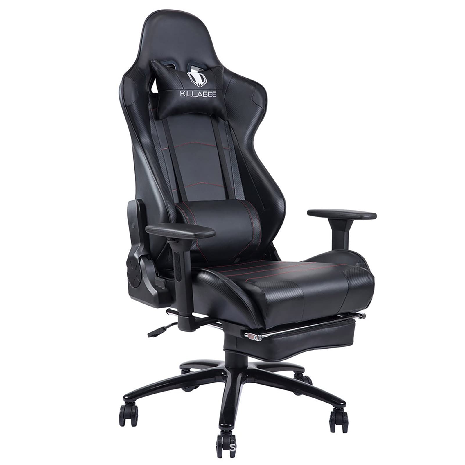 Masaż Fotel gamingowy Ciężka metalowa podstawa z wysuwanym podnóżkiem Wysokie oparcie Ergonomiczne krzesło komputerowe z regulowanym podłokietnikiem PU Skórzane biurko PC Krzesło,Black