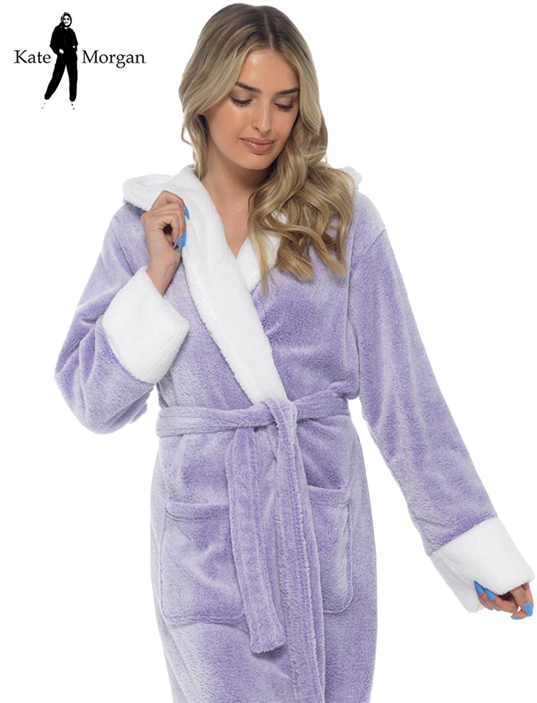 KATE MORGAN Ladies Dressing Gown Fluffy Super Soft Hooded Bathrobe for Women Plush Fleece Perfect Loungewear Long Robe | Gifts for Women — view 9