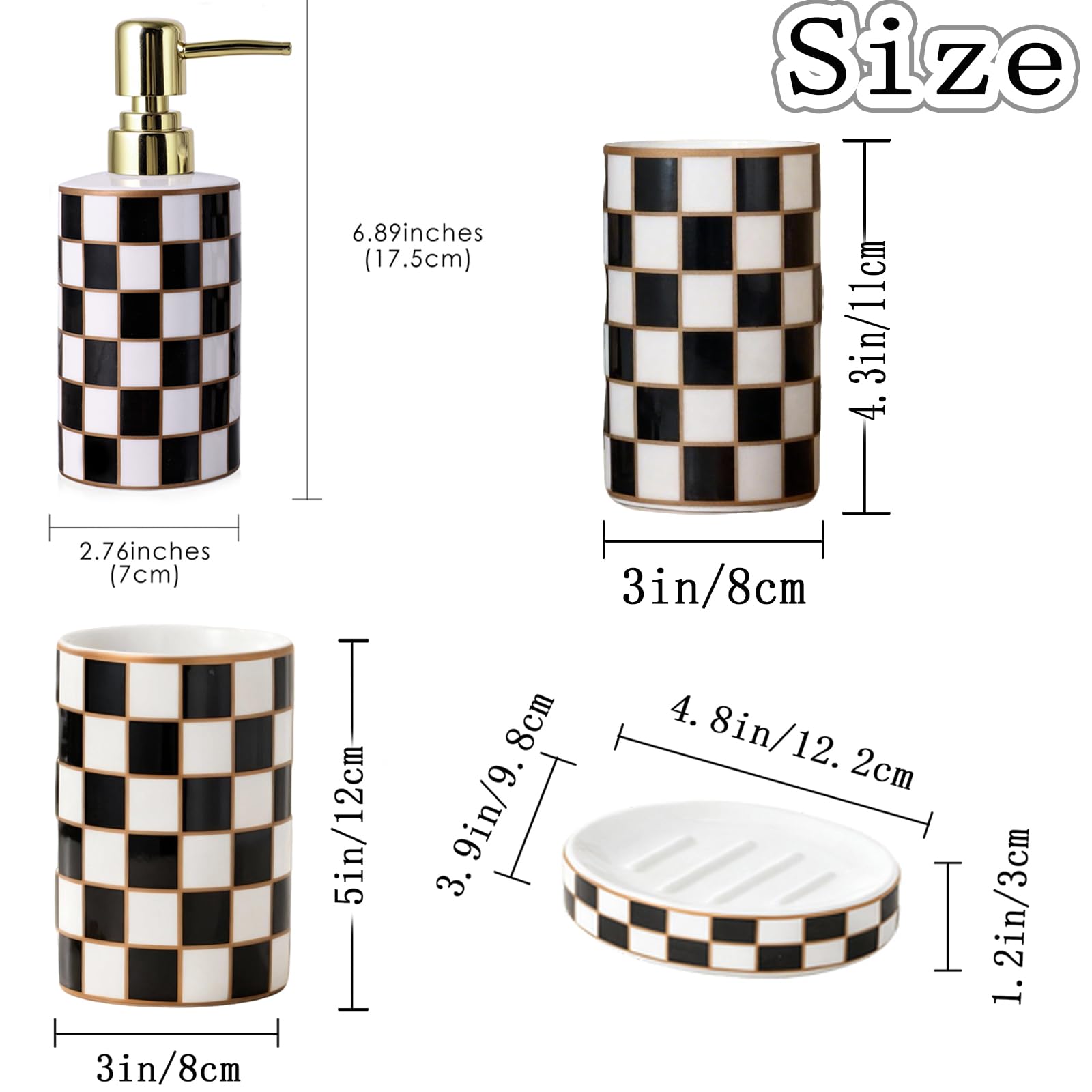 Badezimmer-Zubehör-Set aus Keramik, kariert, 4-teiliges Set mit Seifenspender, Zahnbürstenhalter, Zahnputzbecher, Seifenschale, schwarz-weißes Gitter, moderne Badezimmer-Dekoration für und