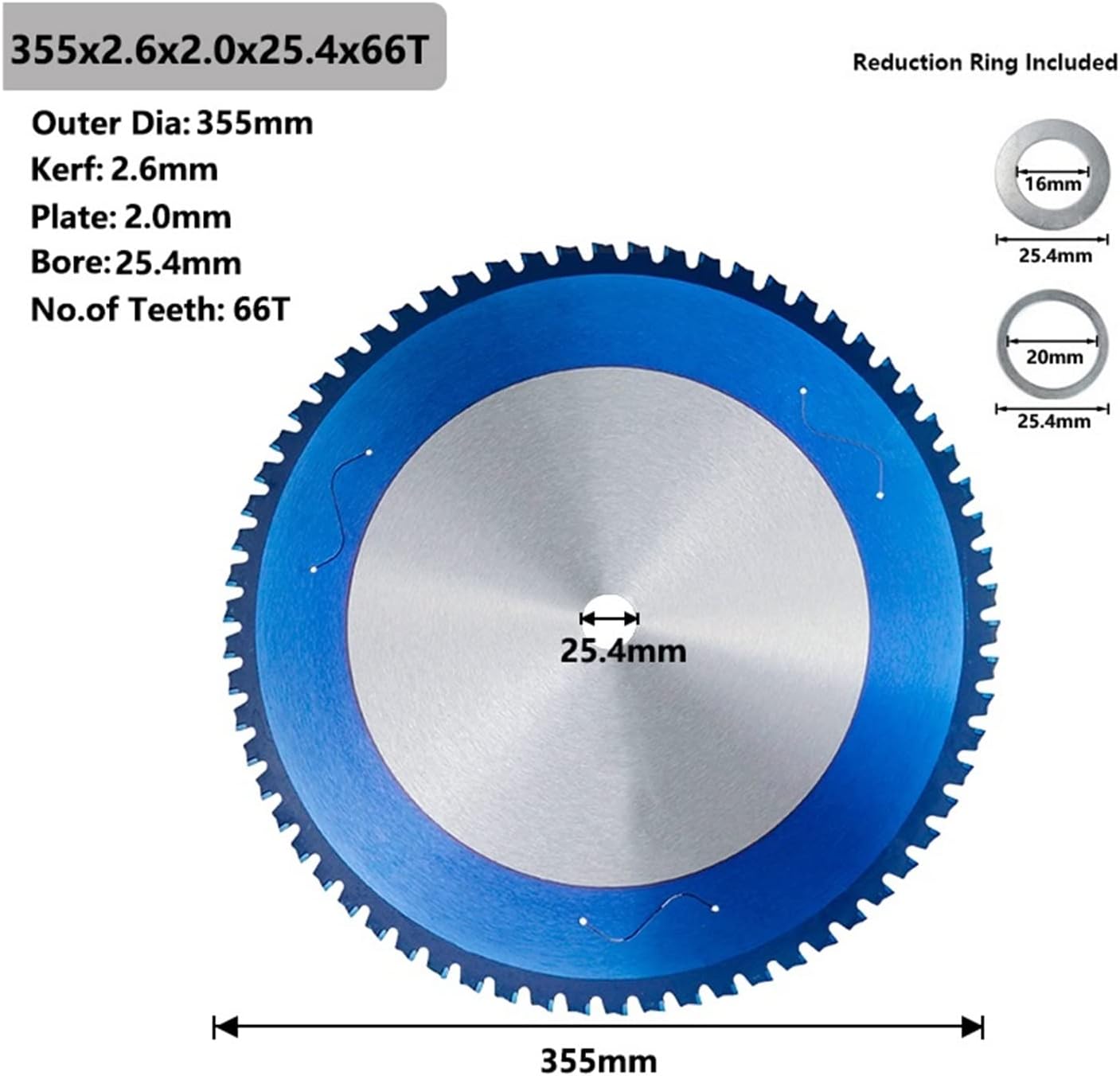 NURII Metal Cutting Saw Blade, 180-355mm Circular Saw Blade for Cutting Aluminum Iron Steel Carbide Saw Blade (Size : 355x2.6x2.0x25.4x66teeth)
