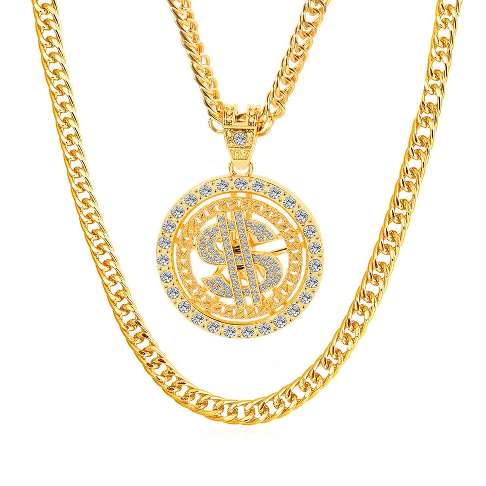 HerinosMans Gold Dollar Retro Pendant Necklace Long Chain Cubic Zirconia Hip Hop Rappers Necklace for Boys , 27.5", Cubic Zirconia, No Gemstone