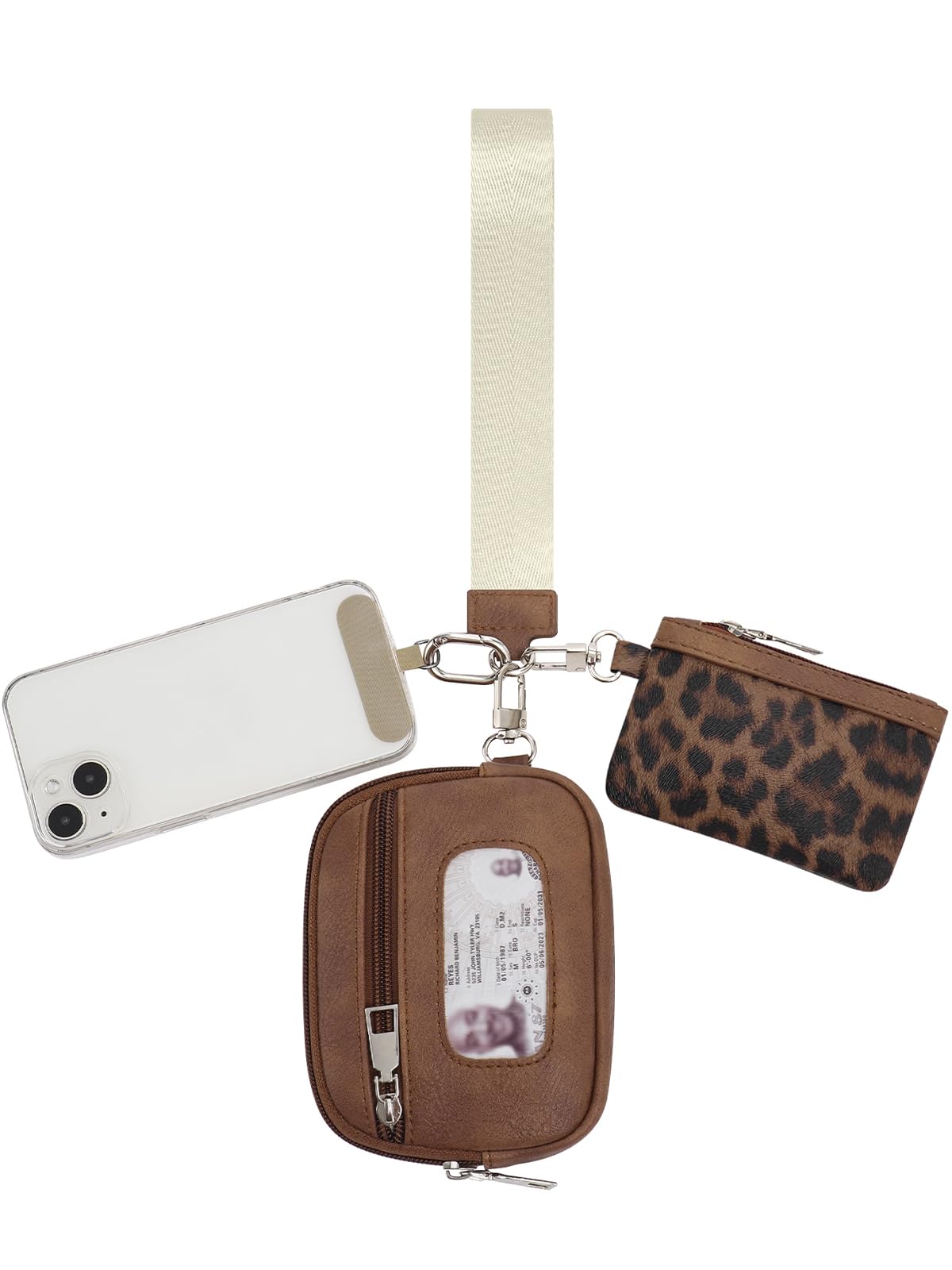 Flowston Leather Keychain Wristlet Wallet RFID Blocking Detachable Small Dual Pouch Wristlet Portable Coin Purse for Women and Men with ID Window Phone Tether Tab