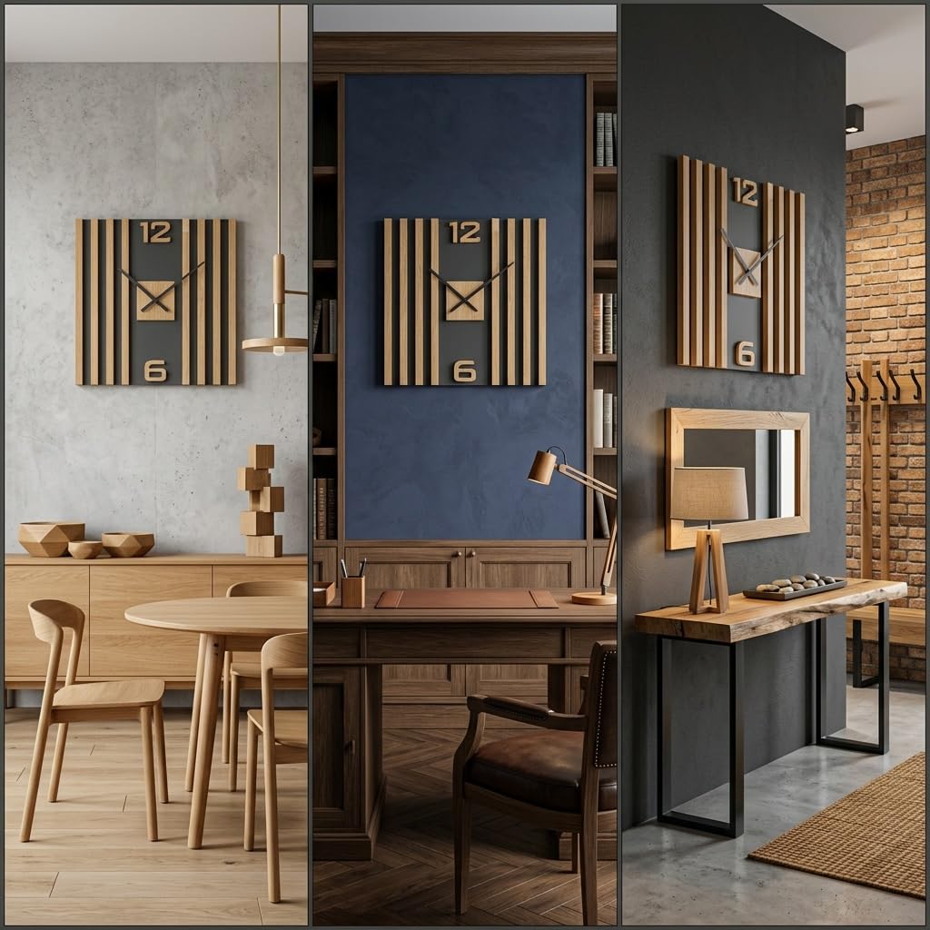 FLEXISTYLE Wanduhr groß modern Holz Eiche lautlos ohne Tickgeräusche Designer Zeitmesser Wand Dekor Wohnzimmer Küche Badezimmer große Wall Clock minimalistisch elegant 60cm