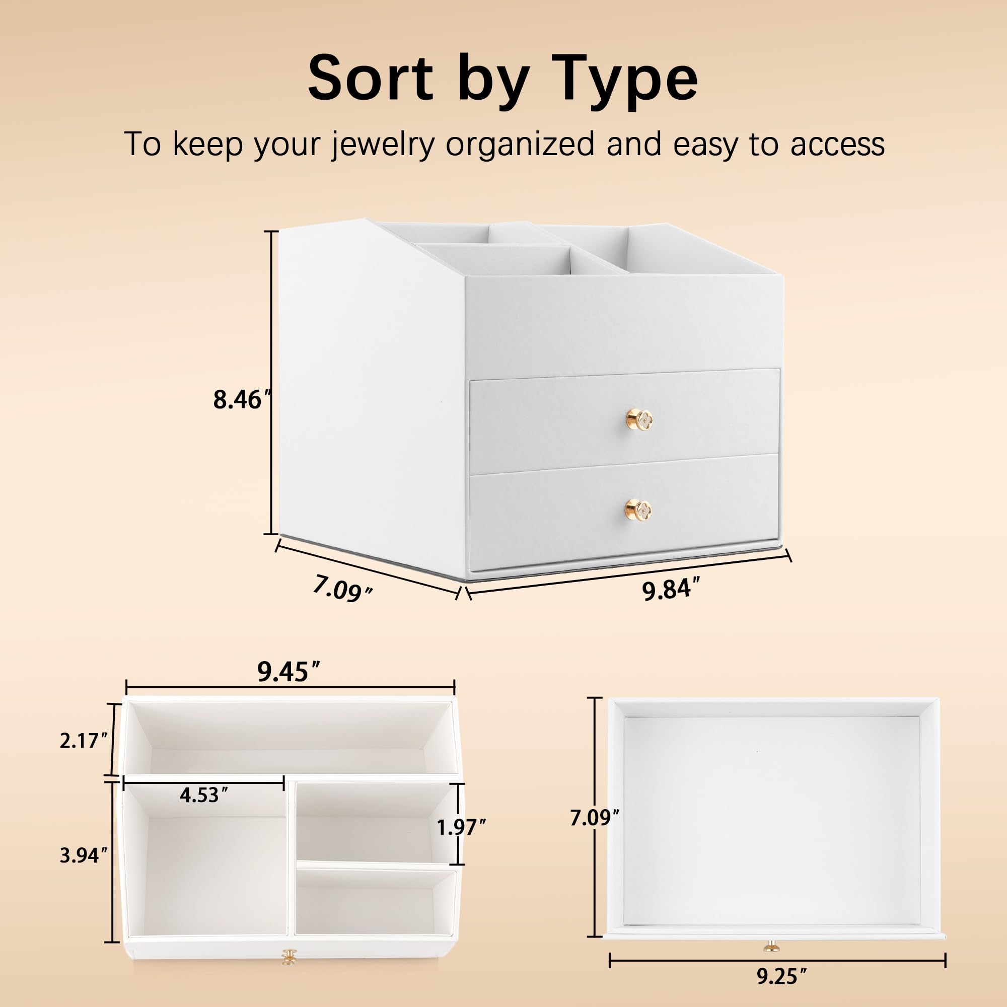 Homeanda Organizer per trucchi in finta pelle con 2 cassetti, organizer da scrivania per cosmetici, rossetti, prodotti per la cura della pelle e gioielli (bianco)