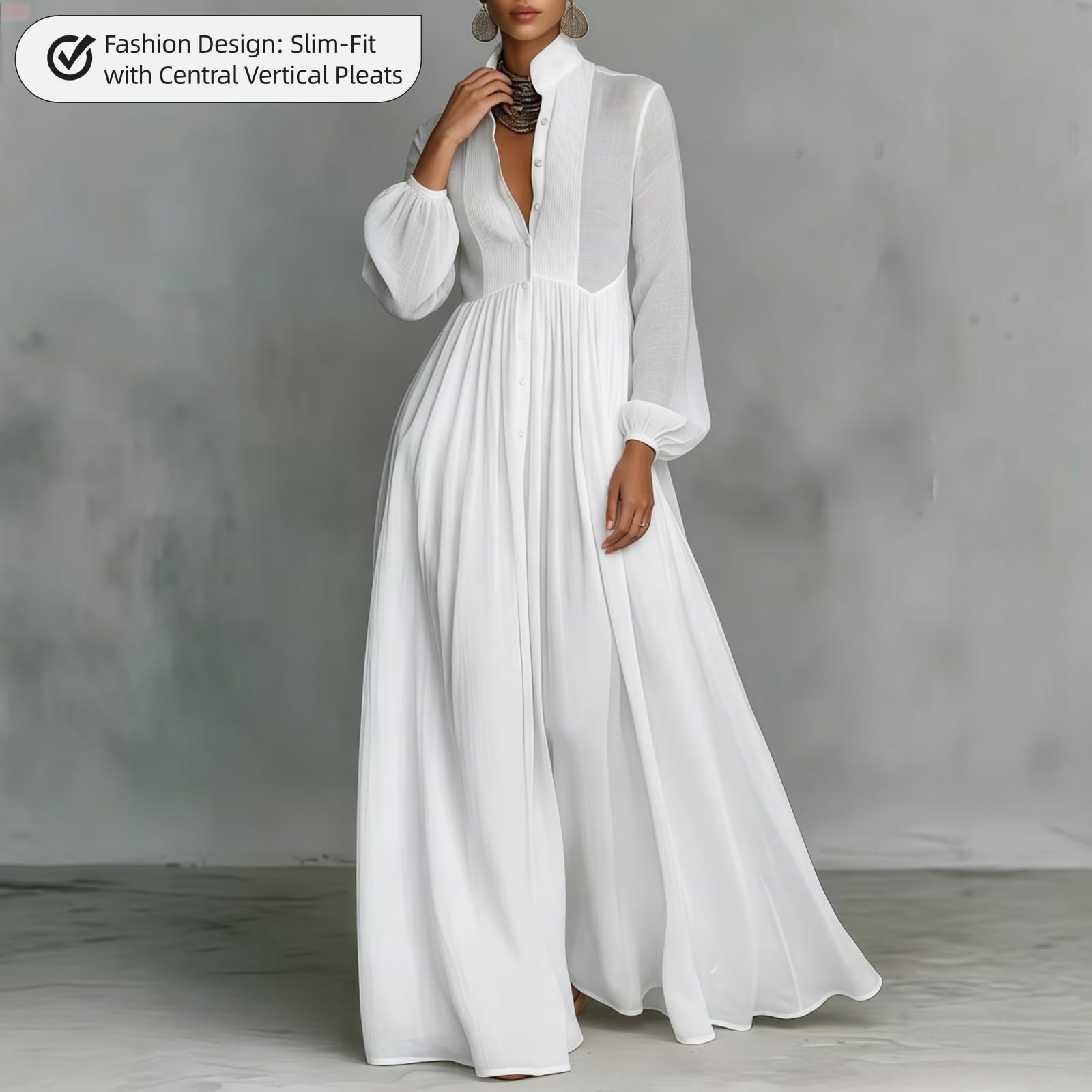 Generico Maxi Abito Elegante da Donna con Collo Alto, Modello Minimalista a Maniche Lunghe, Scollo a V, Pieghe, Tinta Unita e vestibilità Fluida con Tasche