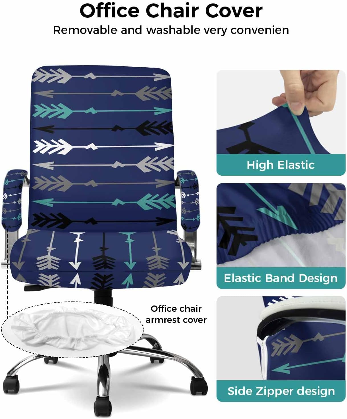 Grey Black Teal Arrow Office Chair Covers with Armrest Covers, Rotating Chair Cover, Boho Ethnic Farmhouse Navy Blue Gaming Chair Slipcovers with Elastic Bottom for Armchair, Medium