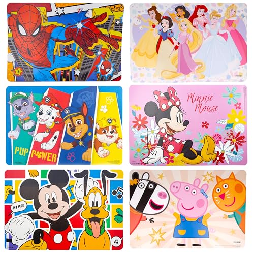 Pack 6 Manteles Individuales de Plástico para Niños y Niñas - Spider-Man, Patrulla Canina, Minnie Mouse, Mickey Mouse, Princesas, Peppa Pig - Mantel Individual Infantil (Pack 6 - Color B)