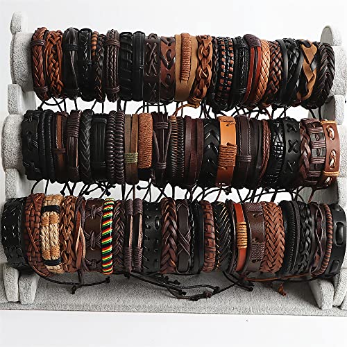 JuanMaoJuan Wholesale 50Pcs Vintage Adjustable Leather Bracelets For Women Men Mix Style Black Brown Cuff Bangle Jewelry Party Gifts2