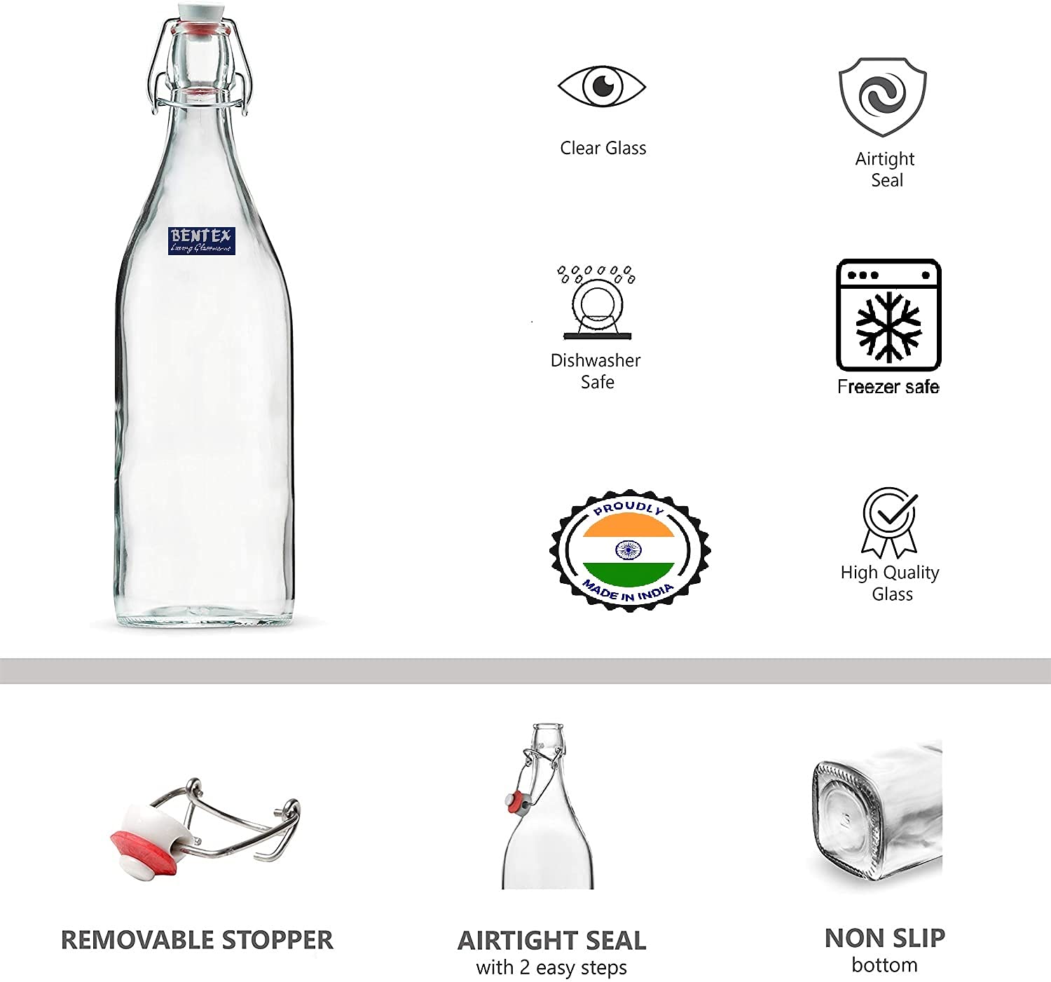 BENTEX LUXURY GLASSWARES Swing Top Flip with Airtight Cap Glass Bottles Set For Fridge, Storage, Beverages, Smoothies, Soda, Juice, Water, Milk (Transparent, 1000 ml) - Pack of 4 2