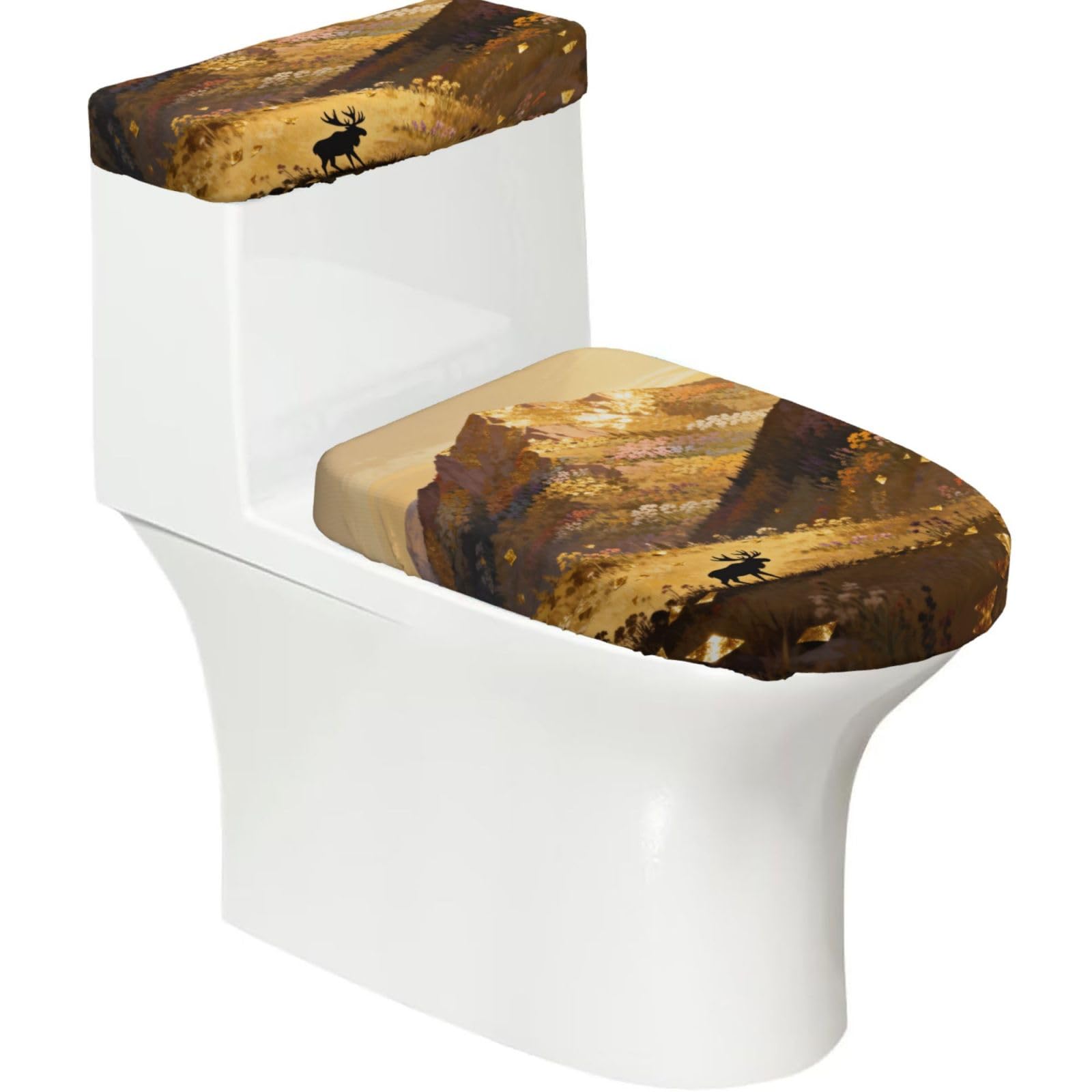 Cntdbu Black Moose And Wildflowers Elastic Toilet Cover Set Of 2-Stretchy Lid And Tank Covers For Bathroom, Soft Washable U Shape Toilet Decor