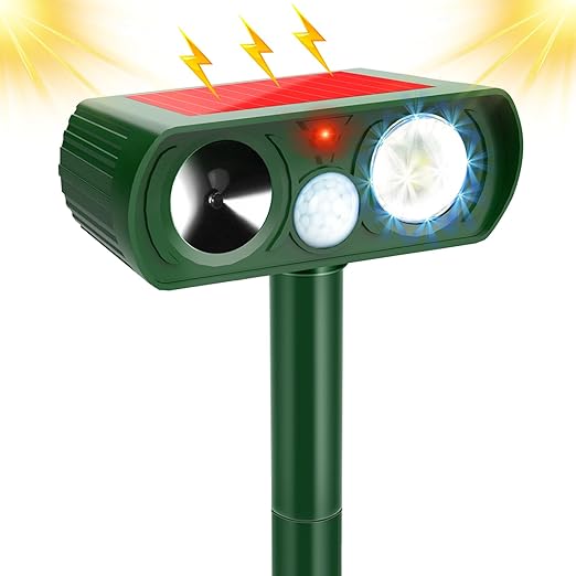 Ultrasonic Cat Deterrent, Outdoor Solar Powered Deterrent with Motion Sensor and Flashing Lights Solar Farm Garden Yard Device,Dogs,Cats,Birds