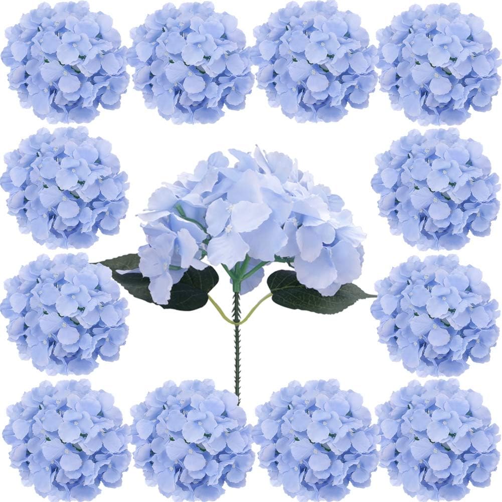 Felice Arts 12PCS Blue Hydrangea Artificial Silk Flowers with Stems Faux Hydrangeas Flowers Bulk for Crafts Wreath Flower Arrangements Decorations DIY Bouquets Wedding Home Decor