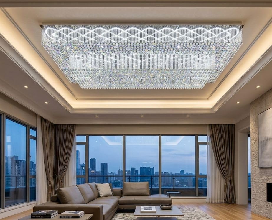 Image of Sanleen Large Rectangular Crystal Chandelier Ceiling Light 24x36 Inch | LED Flush Mount Wave Pattern Design | Modern Luxury Ceiling Lamp for Dining Room, Living Room | Height 18 Inch