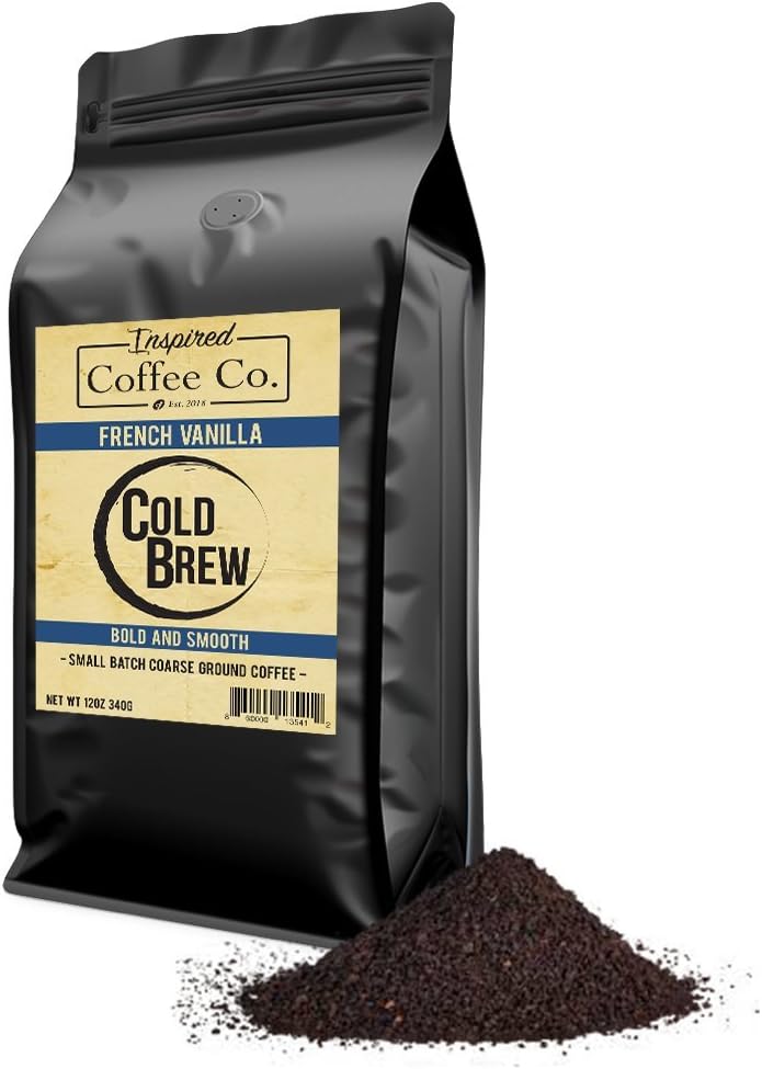French Vanilla - Flavored Cold Brew Coffee Grounds for Coarse Grind for French Presses - Inspired Coffee Co. Local Coarse Ground Coffee for Cold Brew - Resealable Bag 12 oz