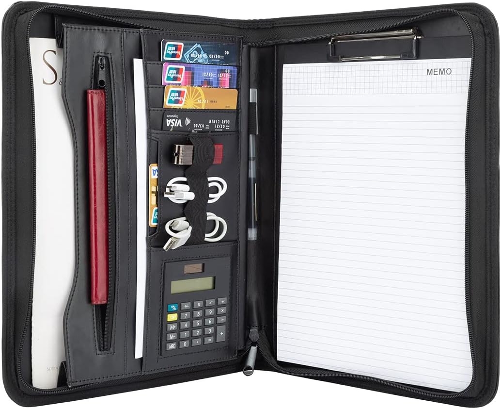 Cartella A4 Con Quaderno Ad Anelli, Maniglia, Calcolatrice E Blocco Note Nero/2 - Foto 9