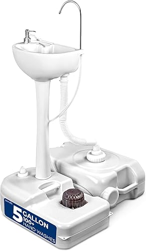 SereneLife Estación de lavado de manos portátil, más de 100 lavados de manos, bomba de pie manos libres, dispensador de jabón y manguera de drenaje,